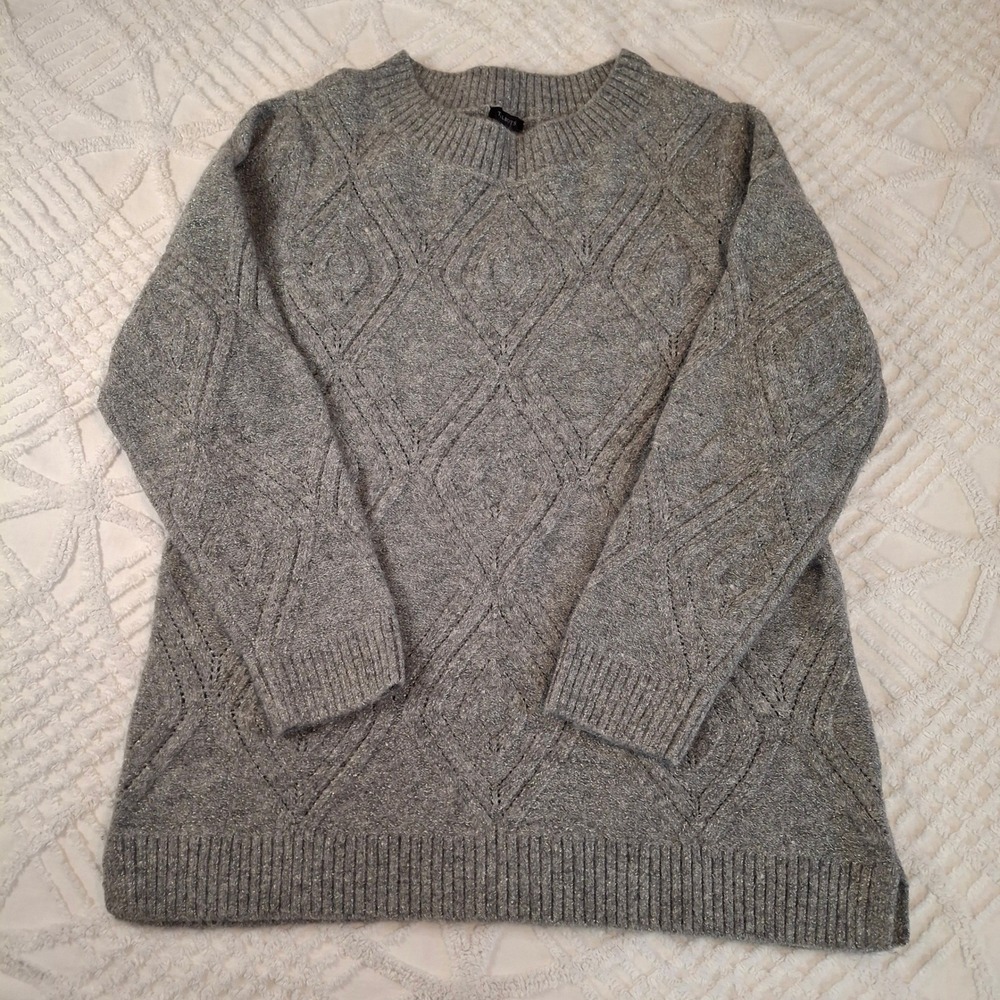 Talbots Women XL Sweater Gray Diamond Cable Knit Metallic‎ Shimmer Pullover